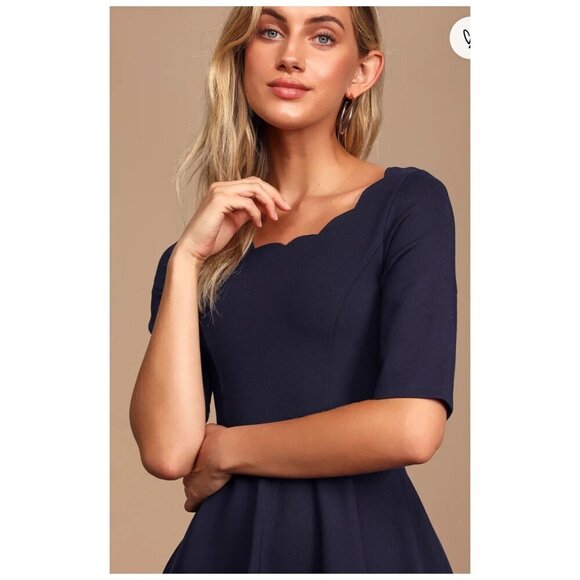 Lulus NWT Tip the Scallops Navy Blue Scalloped Skater Dress Cocktail Womens Sz S - Picture 4 of 14